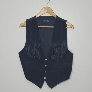 Vintage Black Genuine Leather Fringes Detailed Button Down Pocket Medium